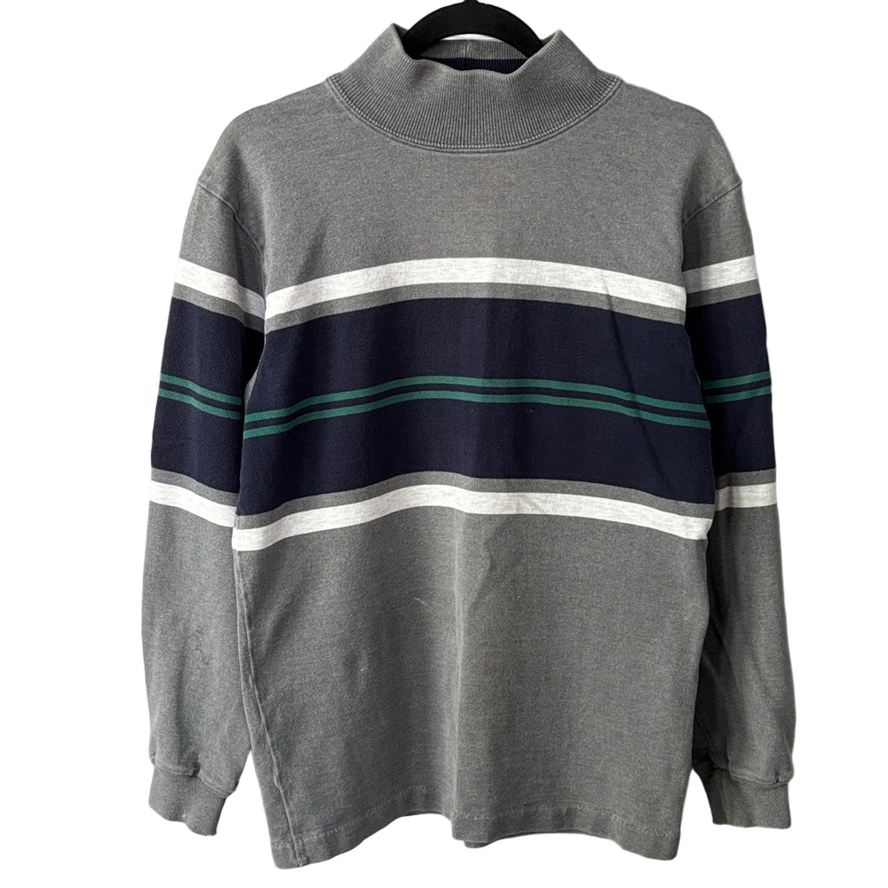L.L.Bean Vintage 90’s Rugby Mock-neck Long-sleeve Shirt gray heather stripes - Picture 1 of 12
